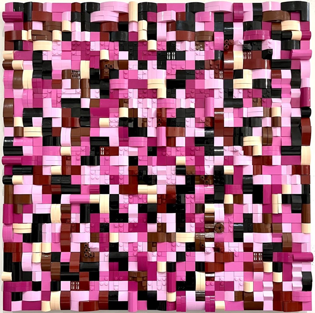 Jaye Moon Pink-Camo, 2025 1500 Lego bricks in Braille on plexiglas, aluminum 20 x 20 inches