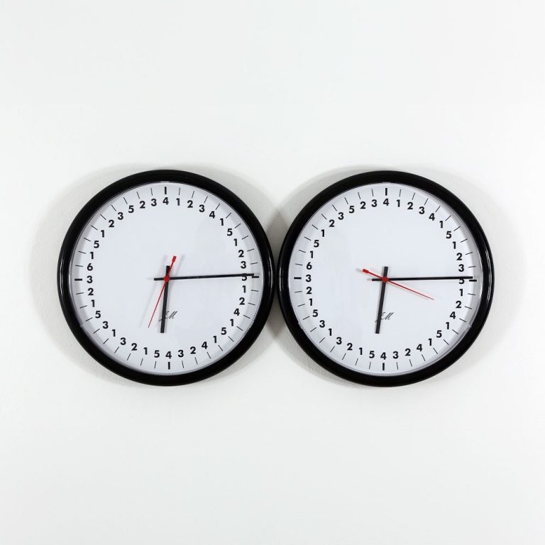 Jaye Moon Perfect Lovers, 2012 Two commercial clocks with Braille on the clock face 13.5 x 13.5 x 2 in. (34.29 cm x 34.29 cm x 5.08 cm), each