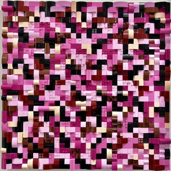 Jaye Moon Pink-Camo, 2025 1500 Lego bricks in Braille on Plexiglas, Aluminum 20 x 20 inches