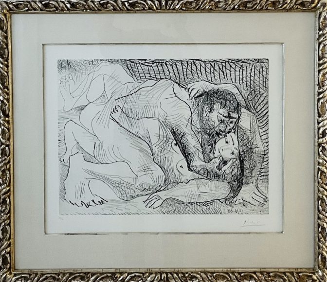 Pablo Picasso  L’Etreinte, 1963 Etching on paper 30.25 x 35 in. (76.83 cm x 88.9 cm ) Framed