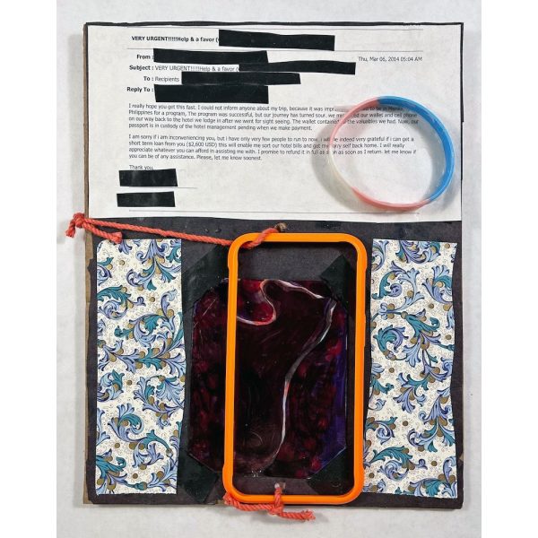 Laura Bell and Ian Ganassi THE CORPSES: The Favor of Your Response, 2016 Text, tape, cell phone frame, plastic bracelet, string, fabric, and postcard on paper 11 x 8.5 in, (27.94 x 21.59 cm)